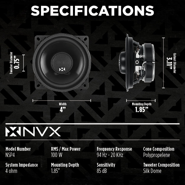 NSP4 300W Peak (100W RMS) 4" N-Series 2-Way Coaxial Car Speakers with 20mm Silk Dome Tweeters