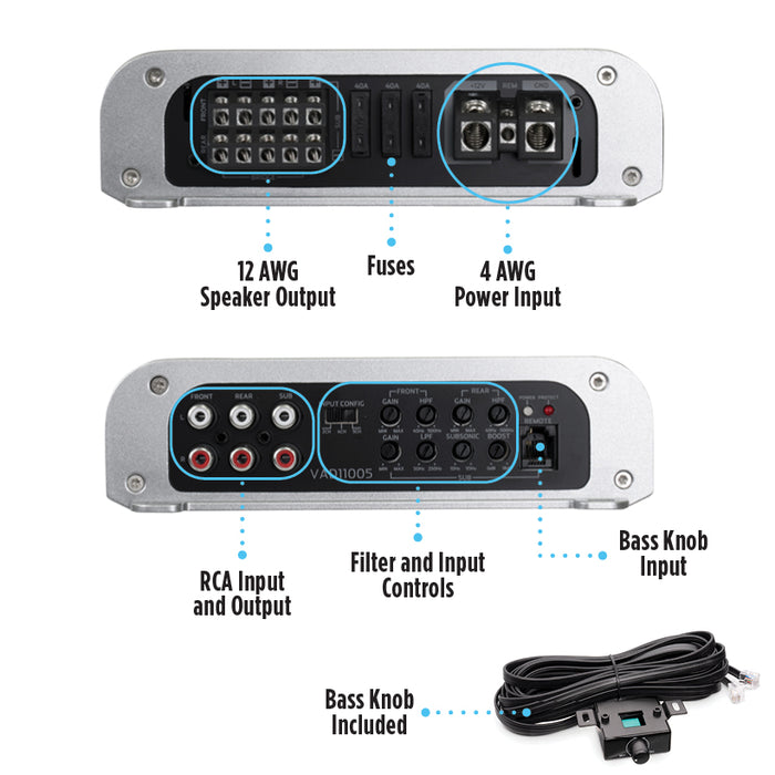 VAD11005 1100W RMS V-Series Full-Range Class-D 5-Channel Amplifier (Marine Certified)